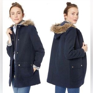 J. CREW Vail Parka Coat Navy Hooded Coat with Faux Fur Trim Size 2 Wool Blend